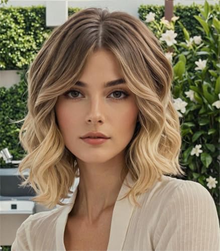 WOKESTAR Bob Lockige Perücke mit Fransen, Kurze Synthetische Gewellte Perücken für Frauen Ash Blonde Farbe von wokestar