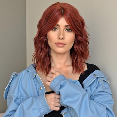 WOKESTAR Bob Lockige Perücke mit Fransen, Kurze Synthetische Gewellte Perücken für Frauen Kupfer Farbe von wokestar