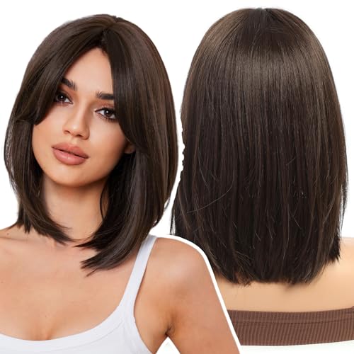 WOKESTAR Bob Perücke mit Fransen Kurze Schwarze Farbe Perücken für Frauen, Bob Style Synthetische Hitzebeständige Bob Perücken von wokestar