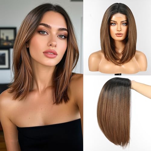 WOKESTAR Bob Perücken für Frauen mit Mittelscheitel, Hitzebeständige Faser, Synthetische Hitzebeständige Perücken, Honigbraune Farbe von wokestar