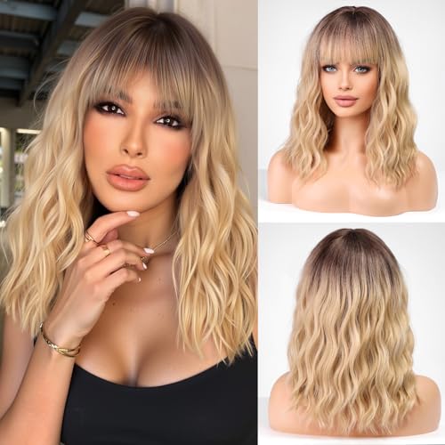 WOKESTAR Bob Perücken mit Ordentlichen Fransen, Gelockte Gewellte Synthetische Perücken für Frauen Blond mit Dunkler Wurzel Farbe von wokestar