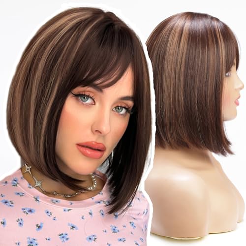 WOKESTAR Braun mit Hightlights Bob Perücken für Frauen Kunsthaarperücke mit Fransen von wokestar