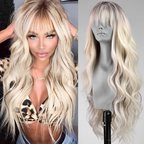 WOKESTAR Lang gewellte Platinblond mit Dunklen Wurzeln Perücken für Frauen, Hitzebeständige Natürliche Haare mit Ordentlichen Fransen von wokestar