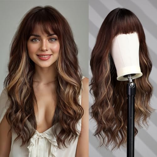 WOKESTAR Lange Braune Perücken mit Strähnchen für Frauen Kunsthaarperücke mit Fransen von wokestar