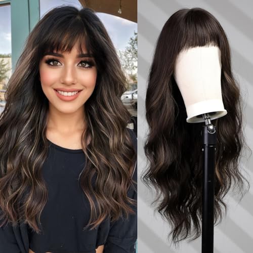WOKESTAR Lange Dunkelbraune Perücken mit Strähnchen für Frauen Kunsthaarperücke mit Fransen von wokestar