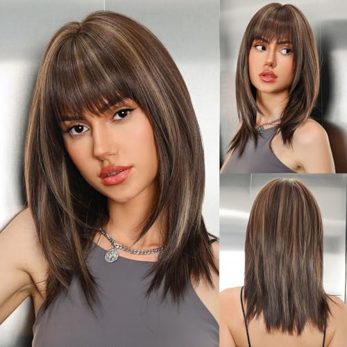 WOKESTAR Lange Gerade Perücken für Frauen mit Fransen, Layered Synthetic Dunkelbraun mit Highlights Farbe Perücken für Frauen von wokestar