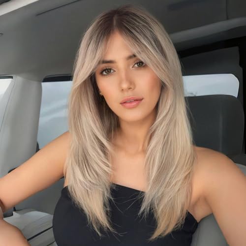 WOKESTAR Lange Gerade Perücken für Frauen mit Vorhang Fransen, Geschichtet Synthetisch Platinblond mit Dunklen Wurzeln Farbe Haar von wokestar