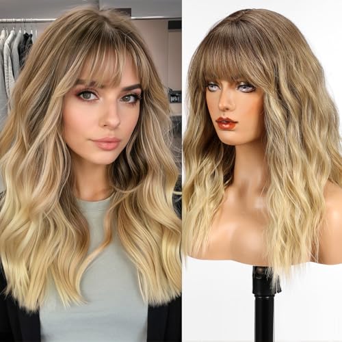 WOKESTAR Lange Perücke mit Fransen Synthetische gewellte Perücken für Frauen Ombre Braun bis Blond Farbe von wokestar