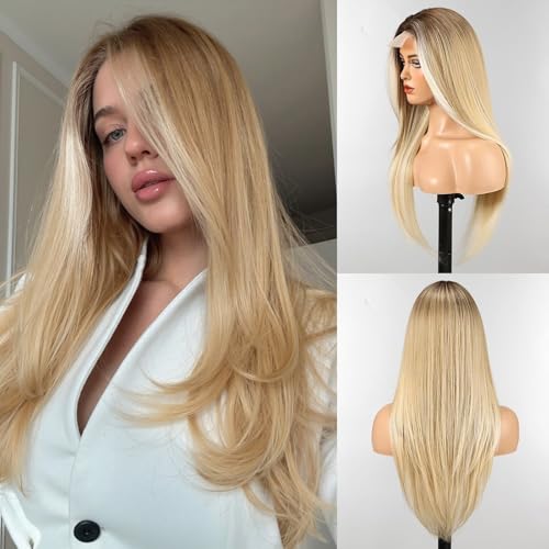 WOKESTAR Lange Perücken für Frauen Synthetisches hitzebeständiges Haar mit Fransen Natürliche Perücken für den täglichen Gebrauch Blond mit Strähnchen Farbe von wokestar