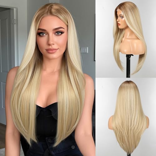 WOKESTAR Lange Perücken für Frauen Synthetisches hitzebeständiges Haar mit Fransen Natürliche Perücken für den täglichen Gebrauch Blonde Farbe von wokestar