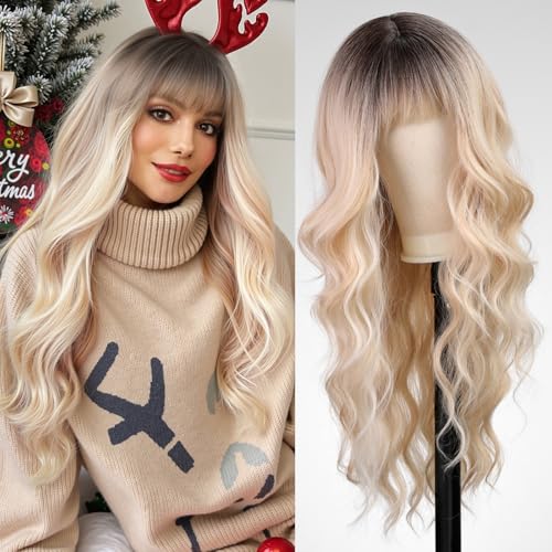 WOKESTAR Lange gewellte Blonde mit Highlights Perücken für Frauen, Hitzebeständige Natürliche Haare mit Ordentlichen Fransen von wokestar
