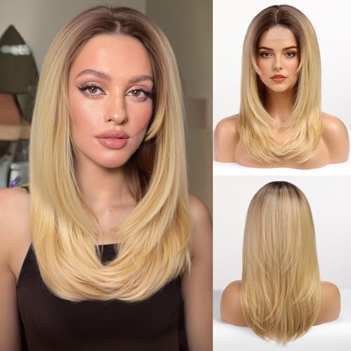 WOKESTAR Layered Straight Golden Blond Perücken für Frauen, hitzebeständige Perücke mit Fransen für den täglichen Gebrauch von wokestar