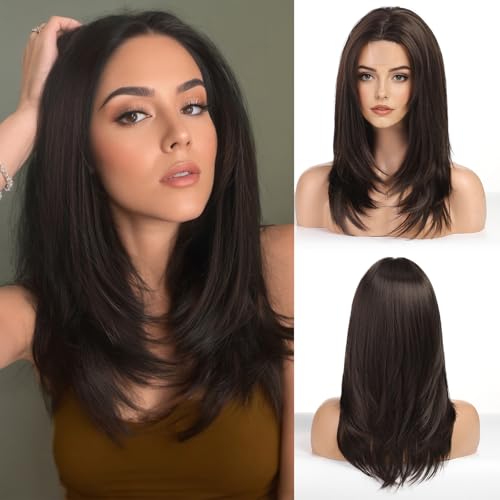 WOKESTAR Layered Straight Natural Schwarz Perücken für Frauen, hitzebeständige Perücke mit Fransen für den täglichen Gebrauch von wokestar