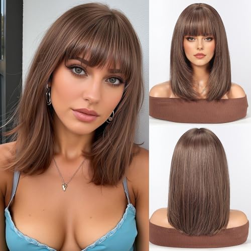 WOKESTAR Staright Perücke mit Fransen Synthetische Mittellange Geschichtete Perücken für Frauen Ligt Braun Farbe von wokestar