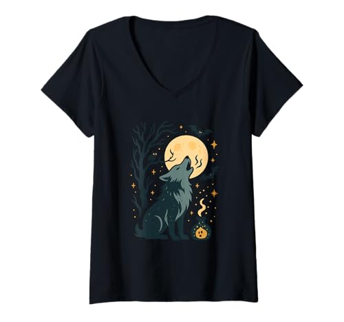 Damen Heulender Wolf Vollmond Halloween T-Shirt mit V-Ausschnitt Damen Heulender Wolf Vollmond Halloween T-Shirt mit V-Ausschnitt von wolf moon bats owl halloween halloween pumpkin