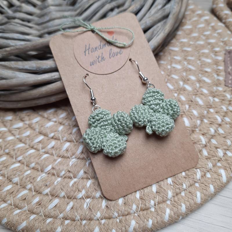 Ohrringe Kleeblatt Gehäkelt, Glücksklee Ohrringe, Schmuck , 925Er Silber, Ohrschmuck, Ohrhänger von wollgeherzt