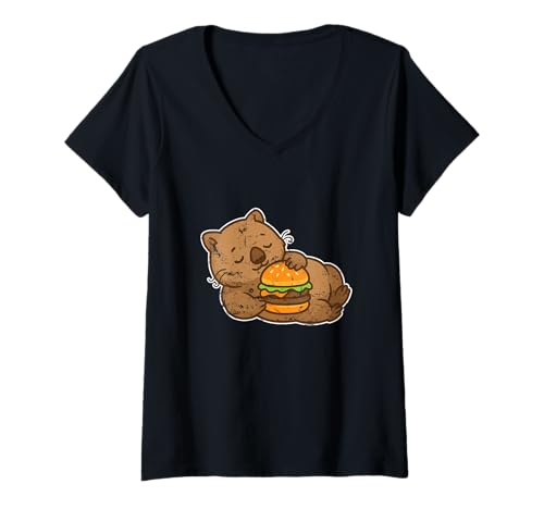 Damen Kuscheliger Wombat Burger Zeichentrickfilm T-Shirt mit V-Ausschnitt Damen Kuscheliger Wombat Burger Zeichentrickfilm T-Shirt mit V-Ausschnitt von wombat burger aussie cute foodie burger animals