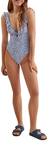 Women'secret Damen Badeanzug Rüschen Blumen Schwimm-Slips, Bedruckt blau, L von women'secret