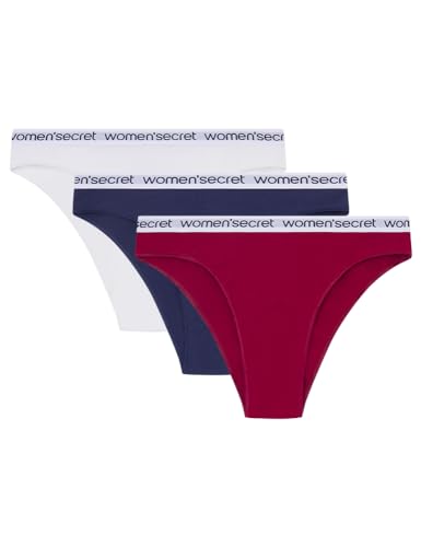 Women'secret Damen Brasilianische Höschen aus Baumwolle mit Logo, 3er-Pack Dessous, Weißer Hintergrund, XL von women'secret