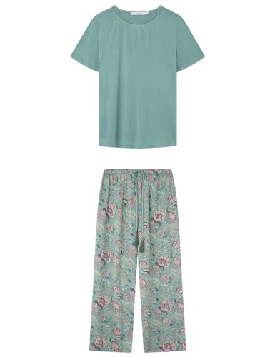 Women'secret Damen Grüner Pyjama Kurzarm Caprihose Blumen Viskose Satin Pyjamaset, 36 von women'secret