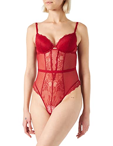 Women'secret Damen Klassischer Body mit Füllung aus Spitze und Plumeti Balconette-BH, Rot/Koralle, 75B von women'secret