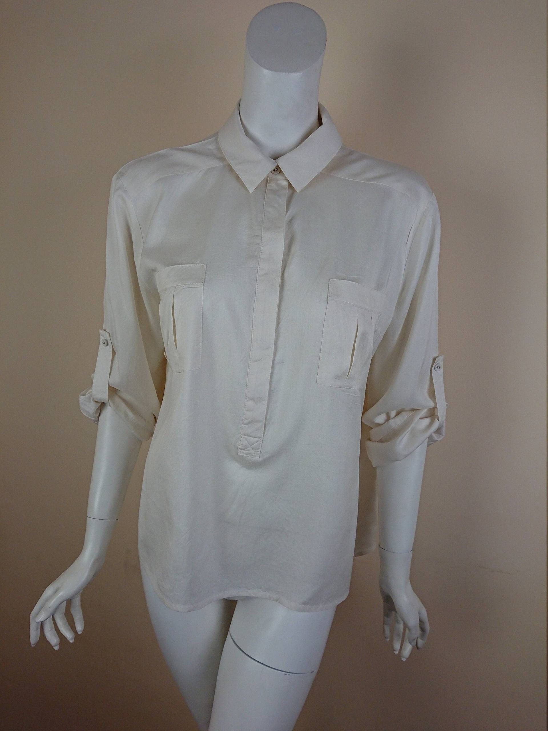 Jaeger Damen Vintage Bluse Top Shirt Uni Seide Beige Us 10 M von womenmenclothing