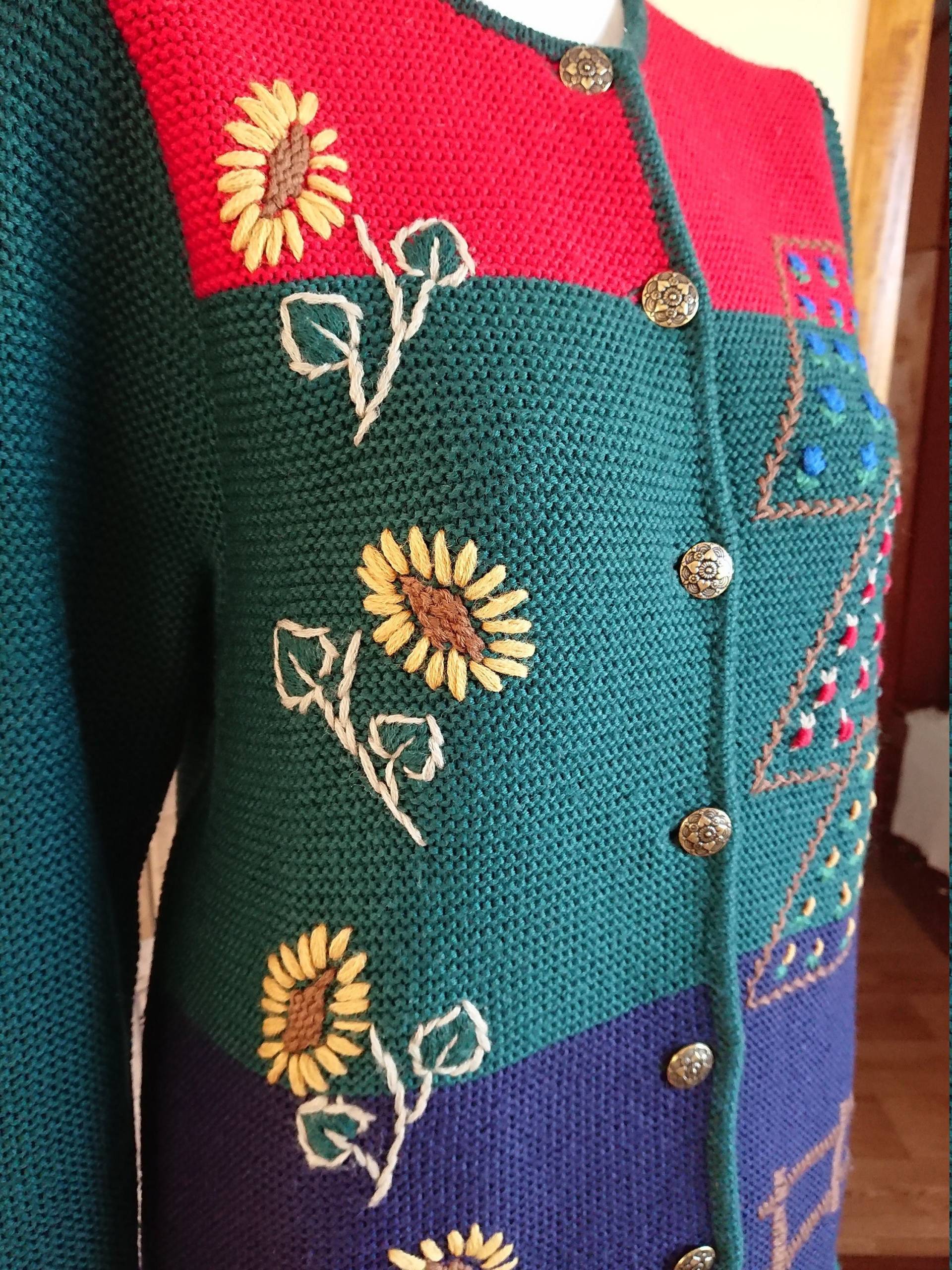 Lanamoden Vintage Wolle Strickjacke Bestickt Salzburg Österreich Größe L Sonnenblume Möhre Gemüse Bauernstil von womenmenclothing