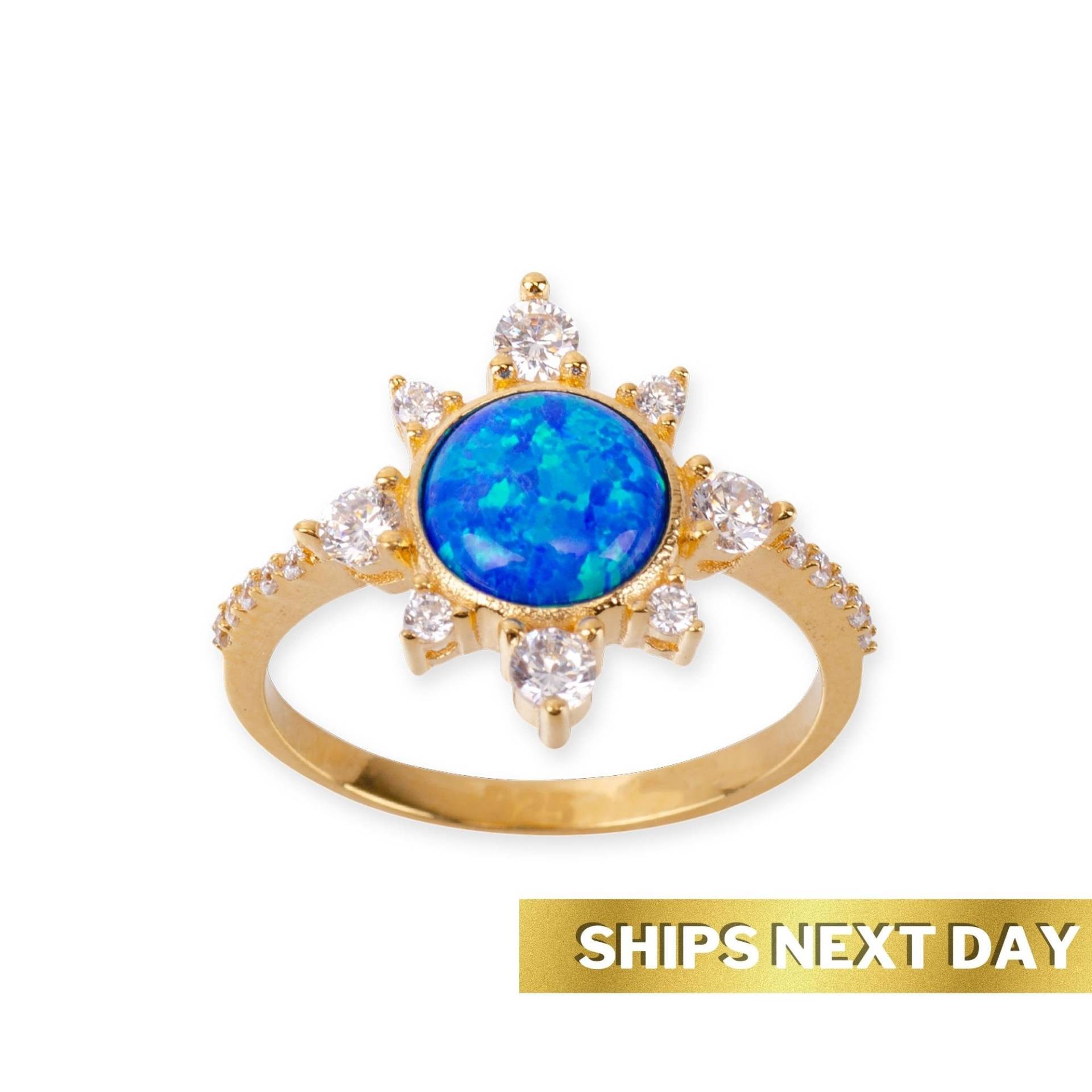 Sunshine Blauer Feuer Opal Ring, 24K Gold Vermeil Eleganter Ring Mit Edelstein, Statement Frauen Accessoires von womuse