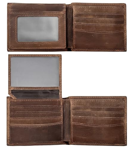 woogwin Herren Geldbörse RFID Echtleder Slim Bifold Wallet mit 2 Ausweisfenstern Kreditkartenetuis Geschenk für Ihn, Crazy Horse braun, 复古 von woogwin