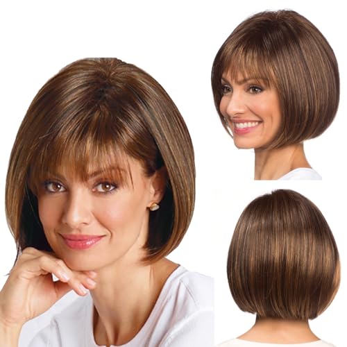 woojfcang Braune Bob-Perücke mit Pony, kurze Bob-Perücken für Damen, Bob-Haar-Perücke, synthetische glatte Perücke für tägliche Party, Cosplay, Kostüm, Halloween, Weihnachten, Kostümzubehör von woojfcang
