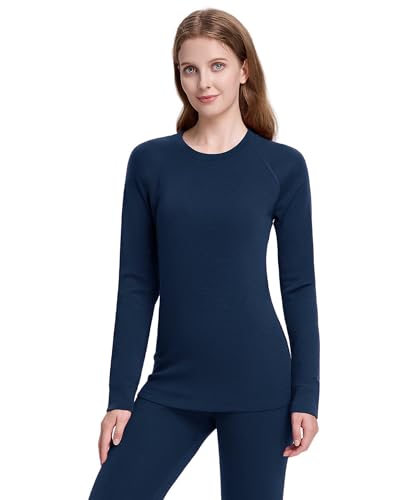 woolcano Damen Thermounterwäsche Oberteil, 100% Merinowolle, Leichtes & Atmungsaktives Langarmshirt, Ideal für Ski, Outdoor & Winter Dunkelblau S von woolcano