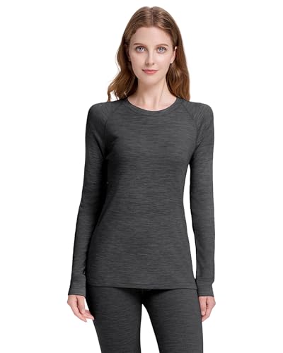 woolcano Damen Thermounterwäsche Oberteil, 100% Merinowolle, Leichtes & Atmungsaktives Langarmshirt, Ideal für Ski, Outdoor & Winter Heidegrau L von woolcano