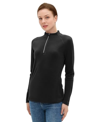 woolcano Damen Thermo-Basisschicht aus 100% Merinowolle, langärmliges Thermo-Oberteil für Wander- und Spaziergänge – Leicht, atmungsaktiv, schnelltrocknend mit Halbreißverschluss Schwarz L von woolcano