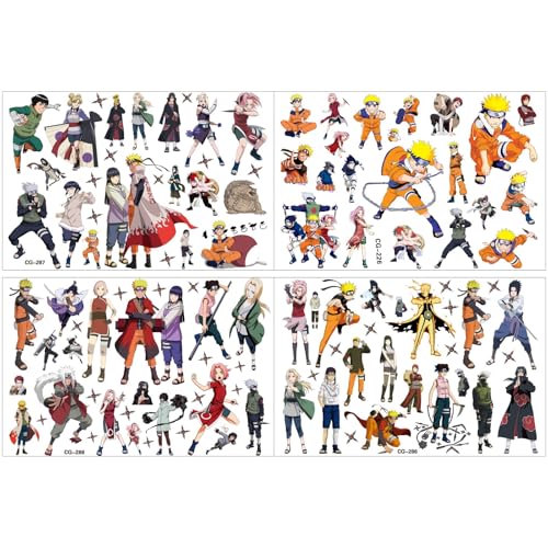 4 Blatt Naruto temporäre Tattoos Aufkleber,Wopin Temporäre Tattoo Set Kinder, Für Jungen Mädchen Kinder Schulmaterial, Partyzubehör Gefälligkeiten, Aufkleber Geschenk Für Kinder von wopin