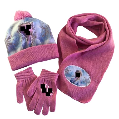 wopin 3 Stück Frozen Mütze Schal Handschuhe, Herbst Winter Mädchen warme gestrickte Mütze mit Wolle Futter Schal Handschuhe, Winter Geschenk für Kinder von wopin