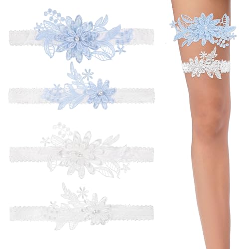worahroe Brautstrumpfband, 4 Stück Strumpfband Hochzeit Braut Strumpfband, Brautaccessoires Braut Geschenk Garters, Handgefertigtes Damen-Spitzen-Strumpfband (Weiß + Blau) von worahroe