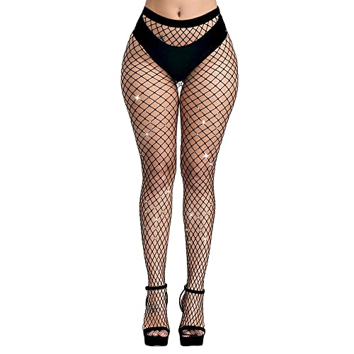 worahroe Netzstrumpfhose Schwarz, Strass Fischnetz Strümpfe, Netzstrumpfhose Kristall Damen Mesh Hohe Taille Eng Halterlose Strümpfe Schwarz Netzstrümpfe Fishnet Stockings, Reißfest 1er Pack von worahroe