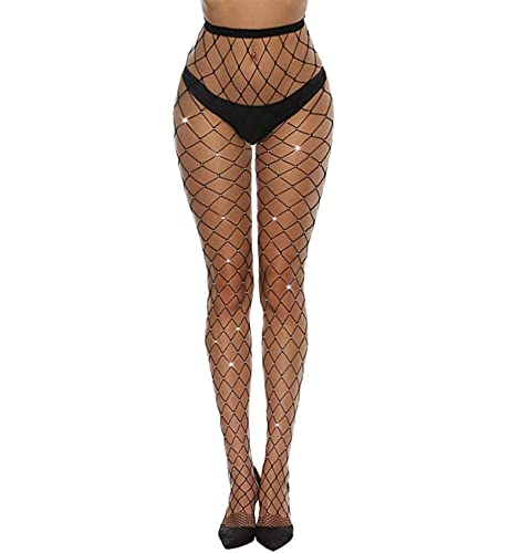worahroe Strass Fischnetz Strümpfe, Netzstrumpfhose Kristall Damen Mesh Hohe Taille Eng Halterlose Strümpfe Schwarz Netzstrümpfe Fishnet Stockings, Reißfest 1er Pack von worahroe