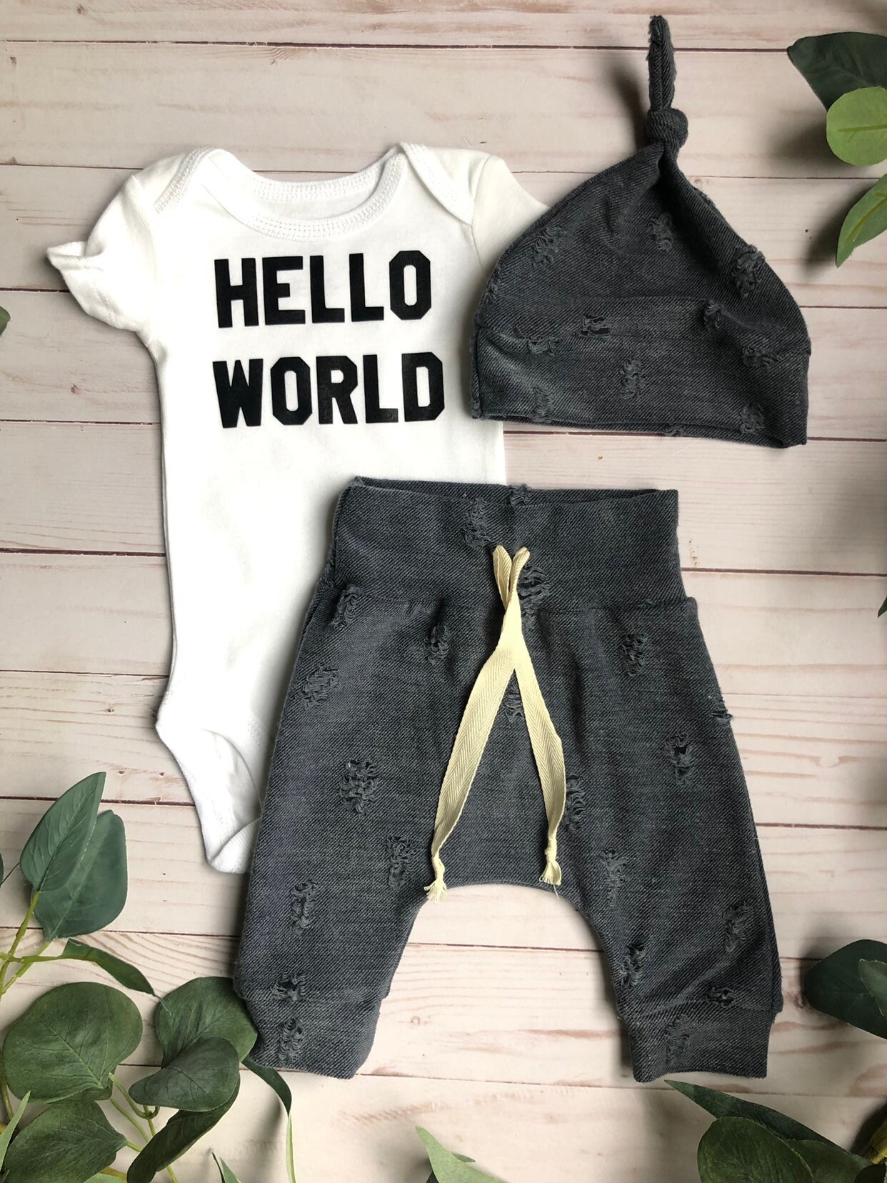 Blaue Baby Jungen Kleidung, Kommt Nach Hause Outfit, Blaues Neugeborenen Kommen Home Hello World Frühchen Outfit von worldfamouskids