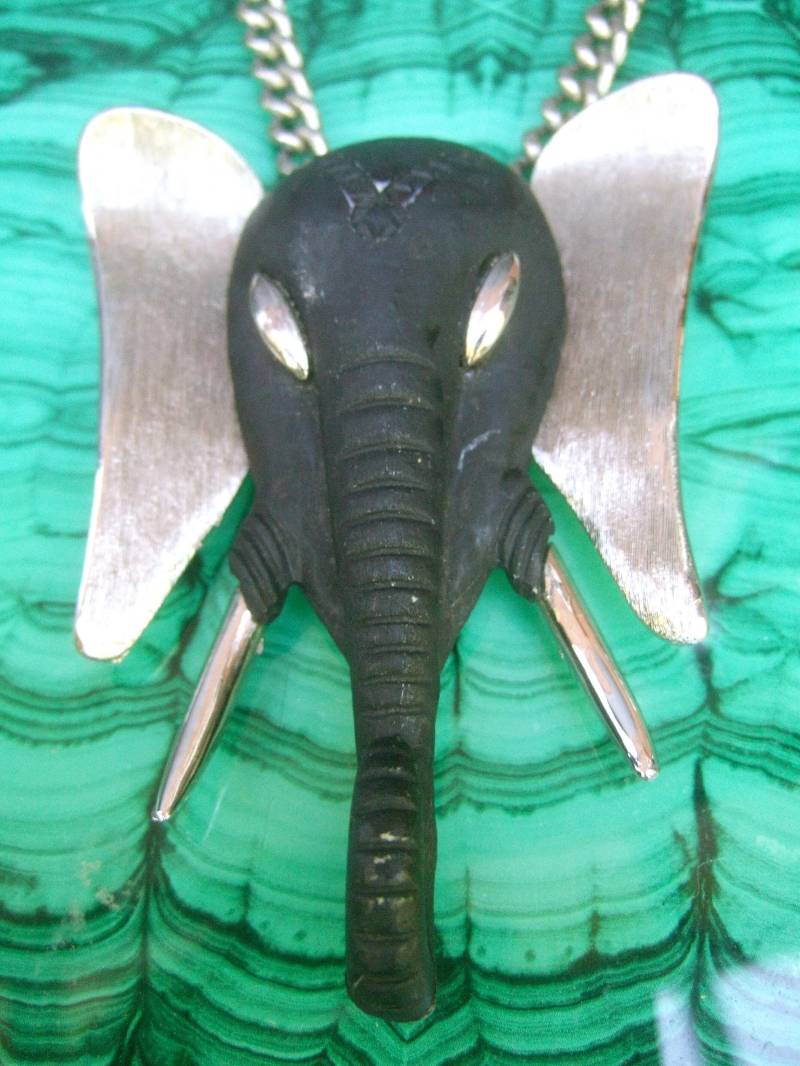 Massive Ebenholz Harz Silber Metall Elefant Anhänger Halskette C 1970 von worldmarketproductio