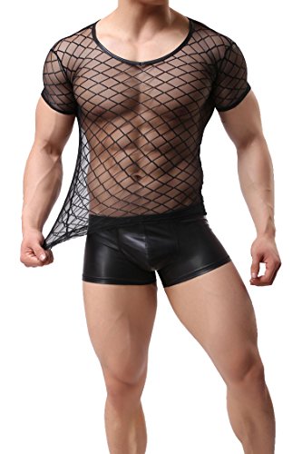 Herren T-Shirt Netzhemd schwarz Leder transparent Optik Männer Shirt Unterhemd Kurzarm Unterwäsche Stretch Hemd Tops Clubwear Guywear Gogo Swingerclub Freizeithemd Muskel Top Oberteil (L/XL, Schwarz) von wowhomme