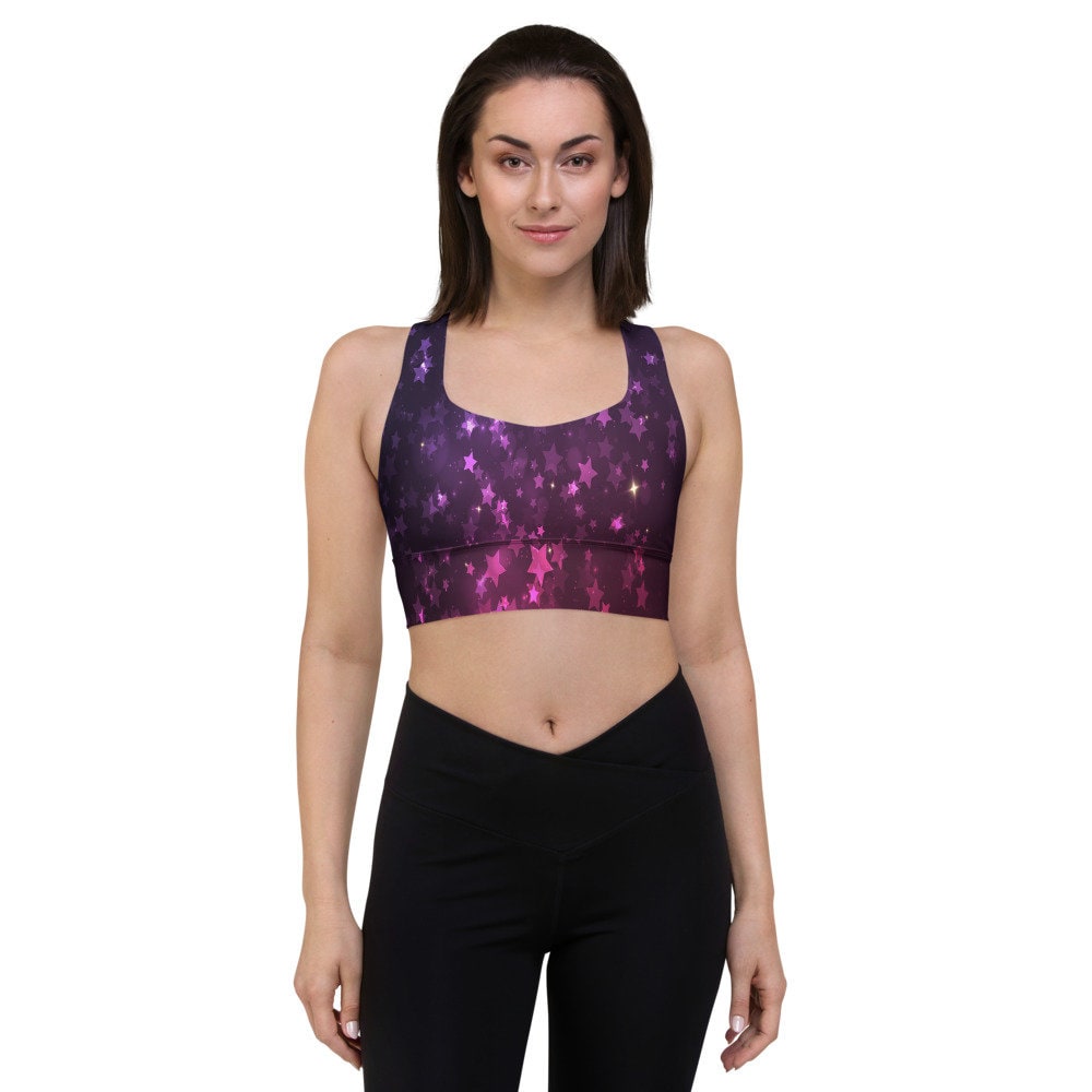 Lila Und Rosa 3D Sterne Design Longline Sports Bh | Kompression, Kein Durchsehen, Abnehmbare Polsterung, Doppellagig Vorne von wowsee