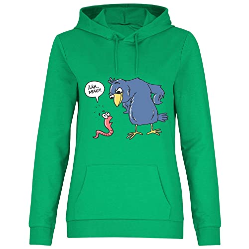 wowshirt Damen Hoodie Comic Äh MIAU Lustiger Spruch Vogel und Wurm, Größe:M, Farbe:Kelly Green von wowshirt