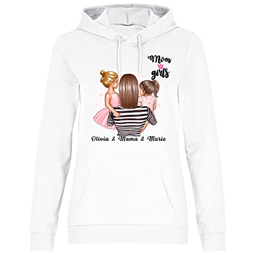 wowshirt Damen Hoodie Geschenk Mama Personalisiert mit Namen Kinder Kind Sohn Tochter Geburtstag Muttertag Mom, Größe:S, Farbe:2 Töchter White von wowshirt