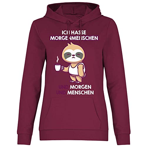 wowshirt Damen Hoodie Ich Hasse Morgenmenschen Morgen Menschen Kaffee Faultier, Größe:M, Farbe:Burgundy von wowshirt