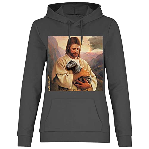 wowshirt Damen Hoodie Jesus Hält Dino Dinosaur Atheist Atheismus Nerd Geek, Größe:XL, Farbe:Light Graphite von wowshirt