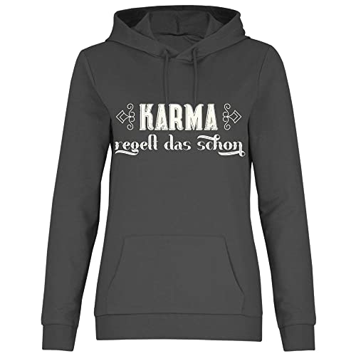 wowshirt Damen Hoodie Karma Regelt Das Schon Geschenk für Kollege Kollegin Arbeit Büro-Humor Chef, Größe:3XL, Farbe:Light Graphite von wowshirt