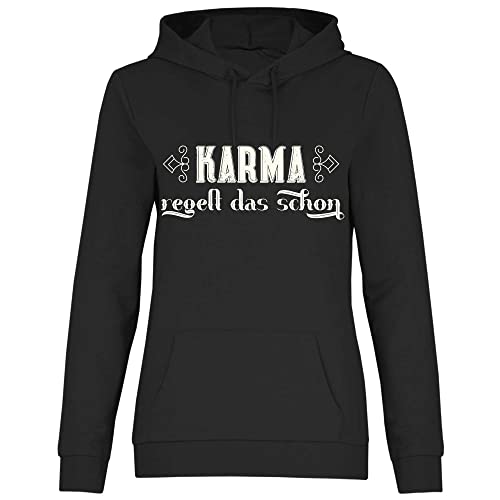 wowshirt Damen Hoodie Karma Regelt Das Schon Geschenk für Kollege Kollegin Arbeit Büro-Humor Chef, Größe:S, Farbe:Black von wowshirt