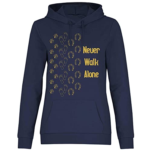 wowshirt Damen Hoodie Never Walk Alone Pfote Hufeisen Pferd Hund Reiter Reiten Reiterin Geschenk für Pferde-Liebhaber, Größe:L, Farbe:Deep Navy von wowshirt