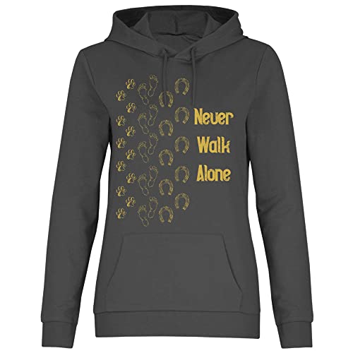 wowshirt Damen Hoodie Never Walk Alone Pfote Hufeisen Pferd Hund Reiter Reiten Reiterin Geschenk für Pferde-Liebhaber, Größe:L, Farbe:Light Graphite von wowshirt